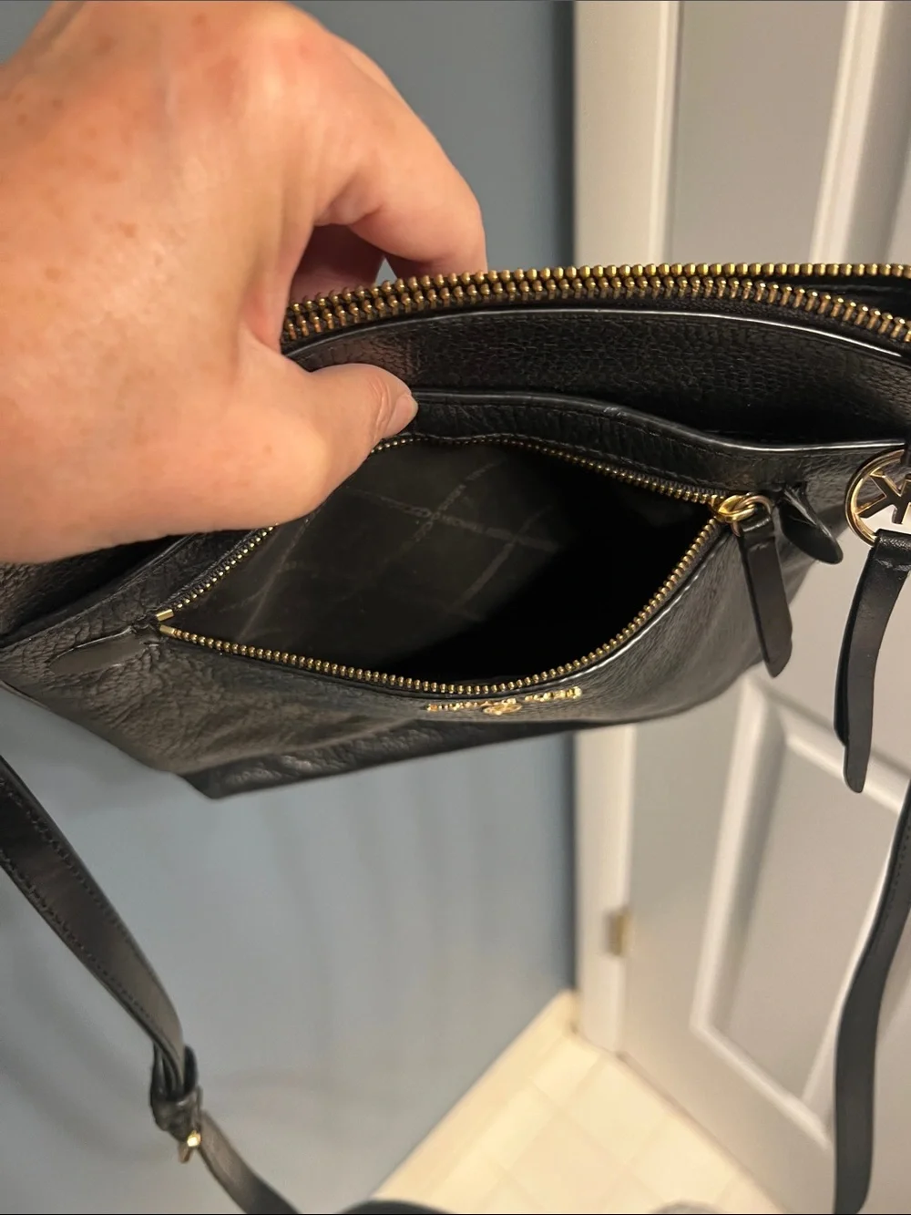 Michael Kors Black Pebbled Leather Crossbody with Gold Accents